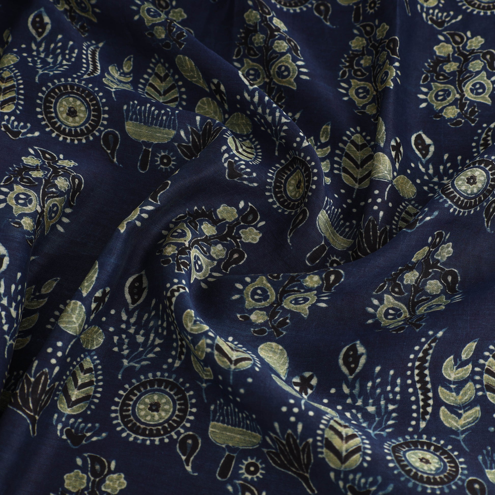 Blue - Ajrakh Block Printed Chanderi Silk Fabric 01