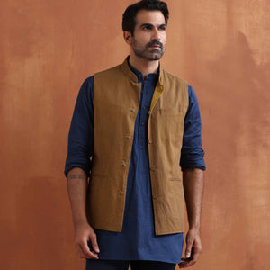trueBrowns Men's Mustard Cotton Dobby Reversible Nehru Jacket