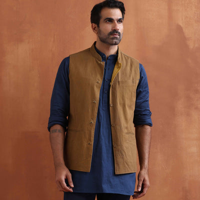 trueBrowns Men's Mustard Cotton Dobby Reversible Nehru Jacket