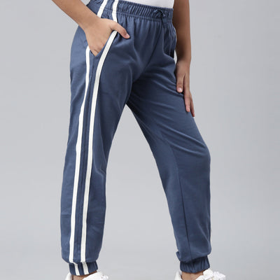 Girls Printed Blue Mid Rise Cotton Joggers