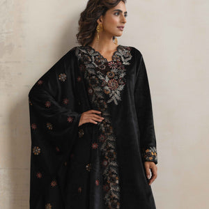 trueBrowns Black Velvet Floral Embroidered Kurta Pant Dupatta Set