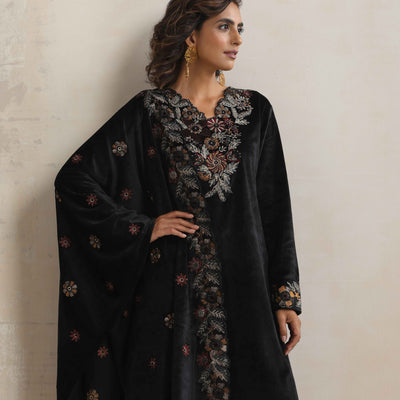 trueBrowns Black Velvet Floral Embroidered Kurta Pant Dupatta Set