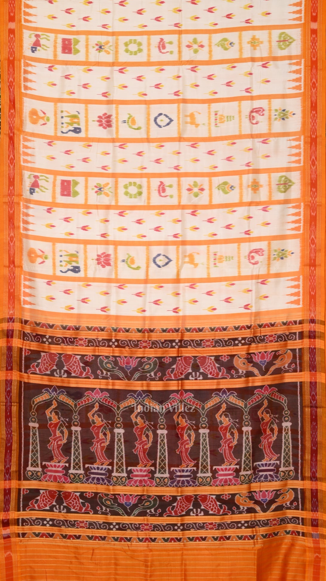 White Yellow  Nabakothi Odisha Ikat Khandua Silk Saree with Nartaki Anchal
