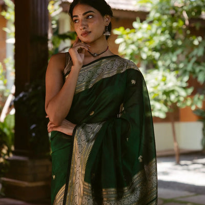 Dark Green Handloom Silk Cotton Saree With Maan (Deer) And Elephant (Yannai) Motifs