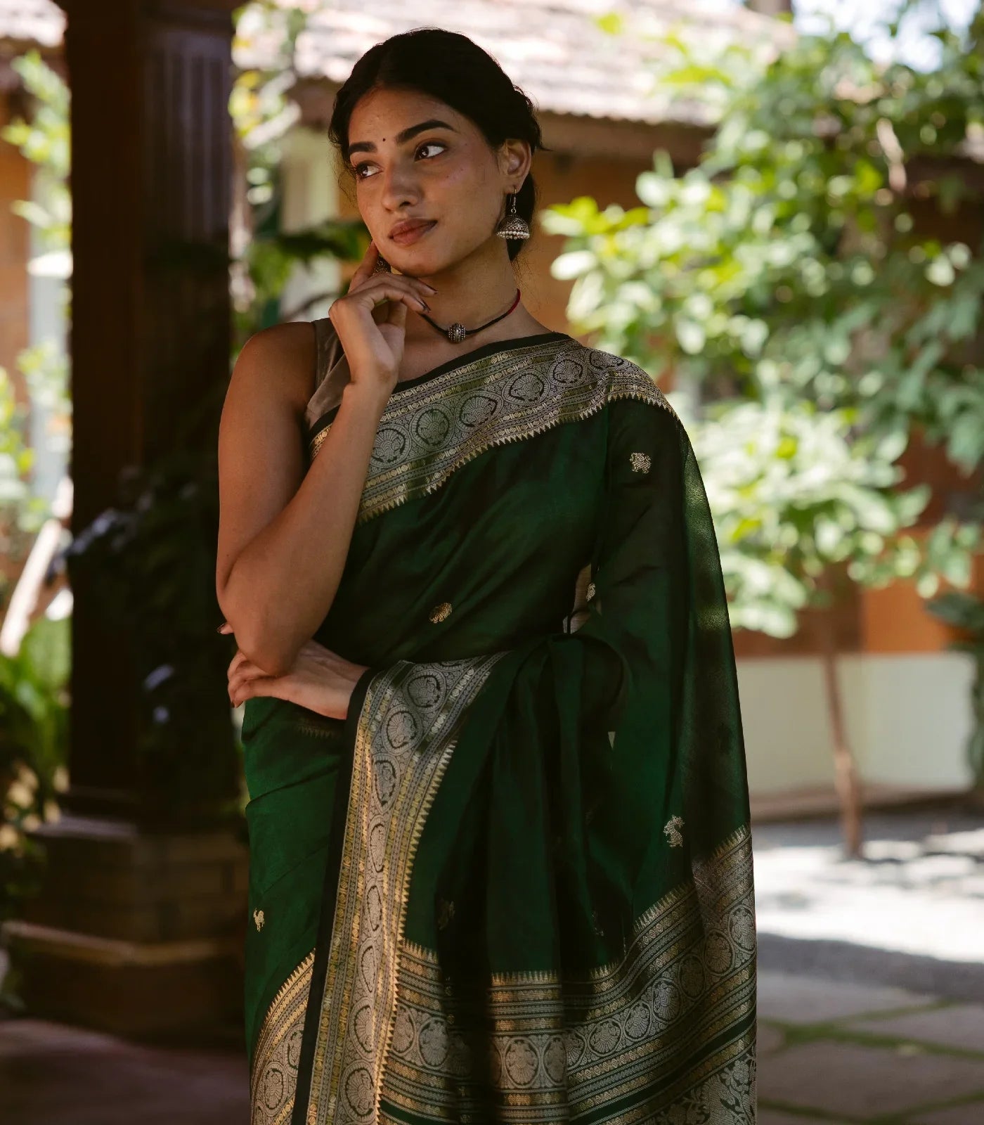 Dark Green Handloom Silk Cotton Saree With Maan (Deer) And Elephant (Yannai) Motifs