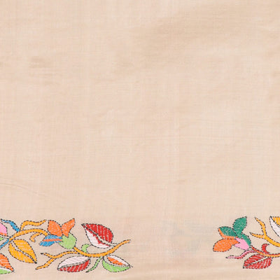 Sandal kaleidoscopic colored floral design thread Kantha embroidered tussar saree, the pallu of beach-theme embroidery