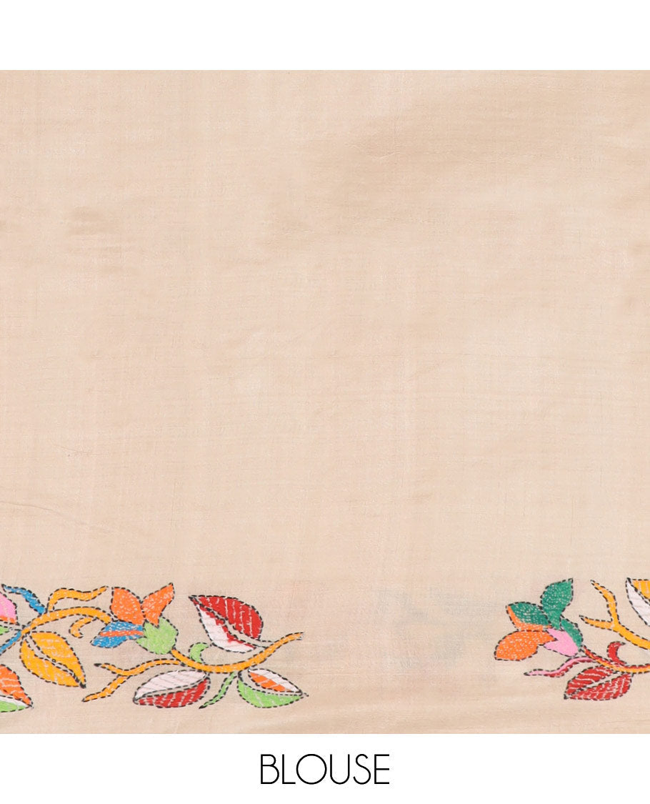 Sandal kaleidoscopic colored floral design thread Kantha embroidered tussar saree, the pallu of beach-theme embroidery
