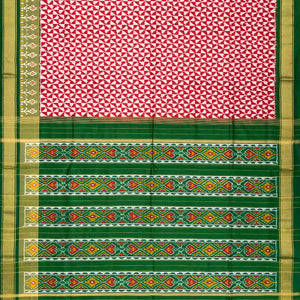 Red Handloom Ikat Silk Saree With Contrast Green Border