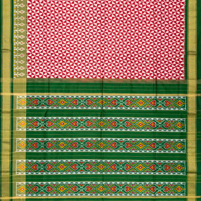 Red Handloom Ikat Silk Saree With Contrast Green Border