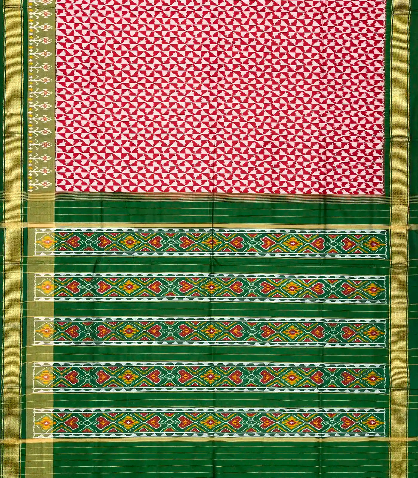 Red Handloom Ikat Silk Saree With Contrast Green Border
