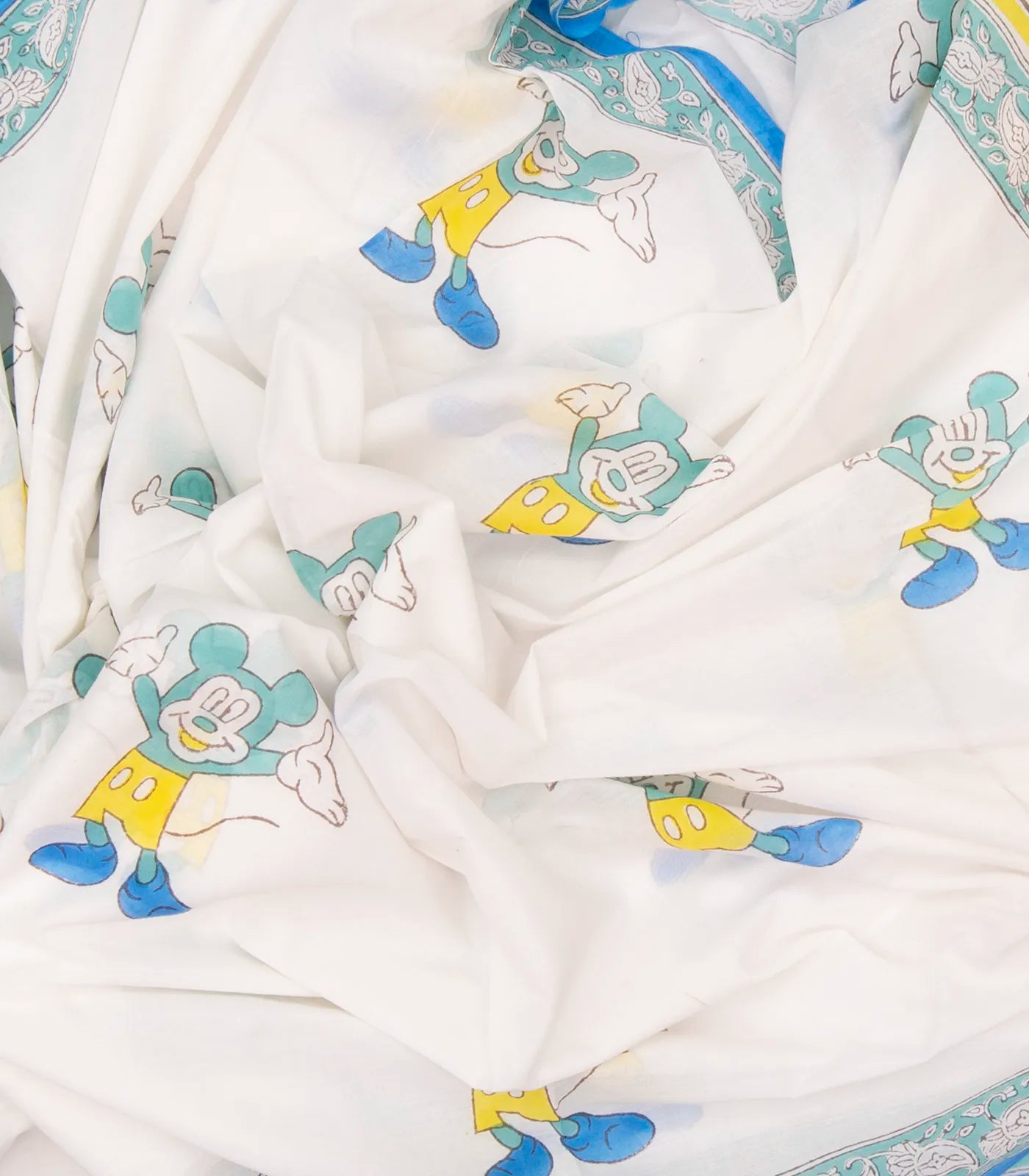 White Woven Jaipur Cotton Saree Printed With Micky Mouse Motifs