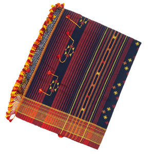 Midnight Blue Handloom Bhujodi Cotton Saree With Stripes