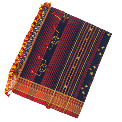 Midnight Blue Handloom Bhujodi Cotton Saree With Stripes