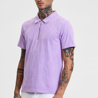 Lavender Self-Design Zipper Polo T-Shirt