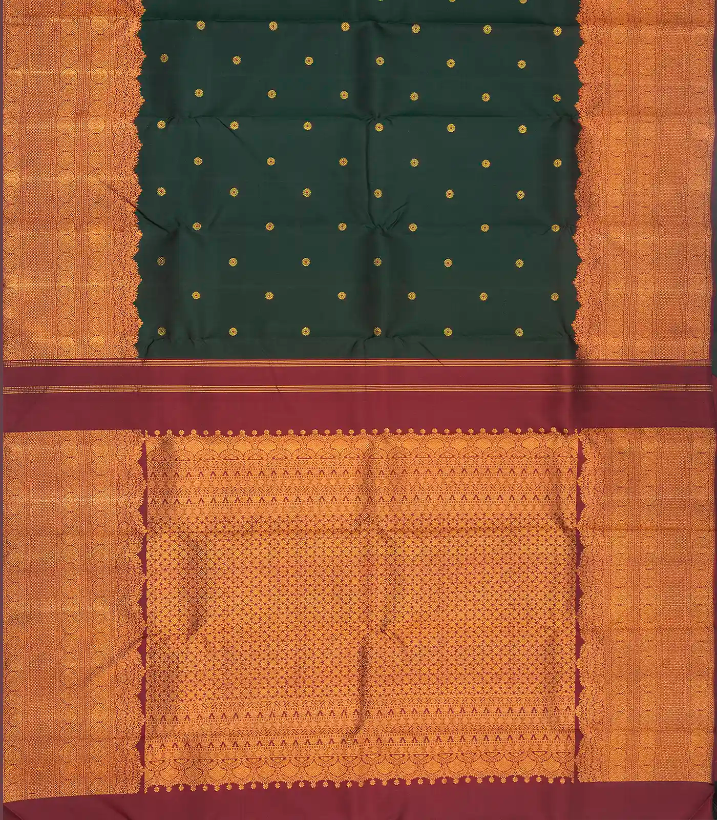 Bottle Green Handloom Kanchipuram Silk Saree With Meena Buttas
