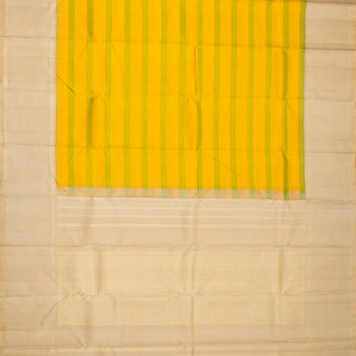 Mustard & Green Handloom Kanchipuram Korvai Silk Saree With Stripes