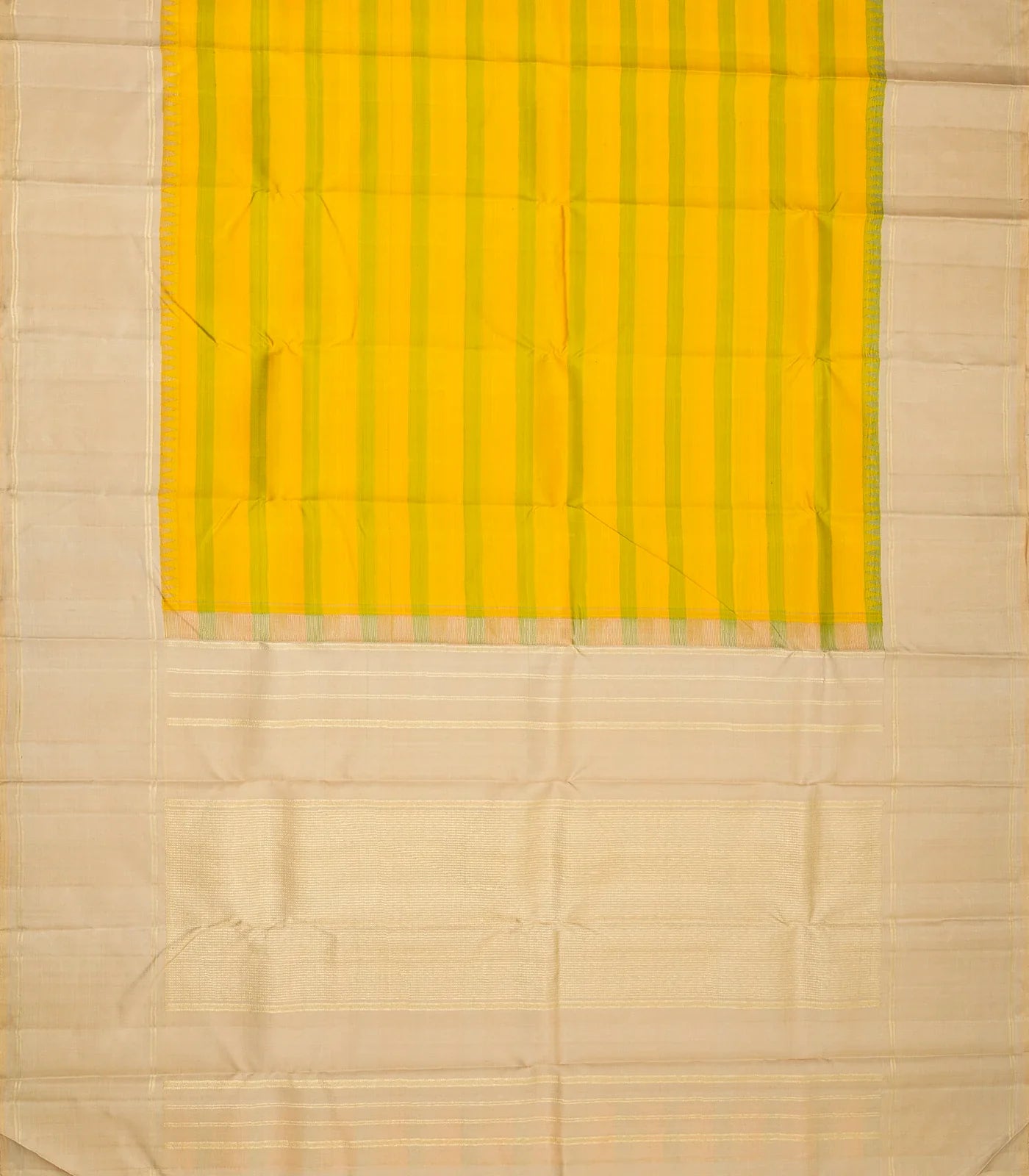 Mustard & Green Handloom Kanchipuram Korvai Silk Saree With Stripes