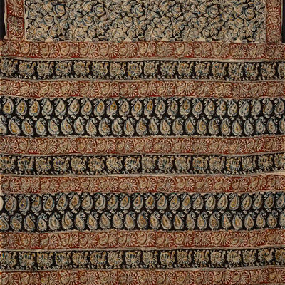 Black Handloom Kalamkari Cotton Saree And Printed Floral Motifs