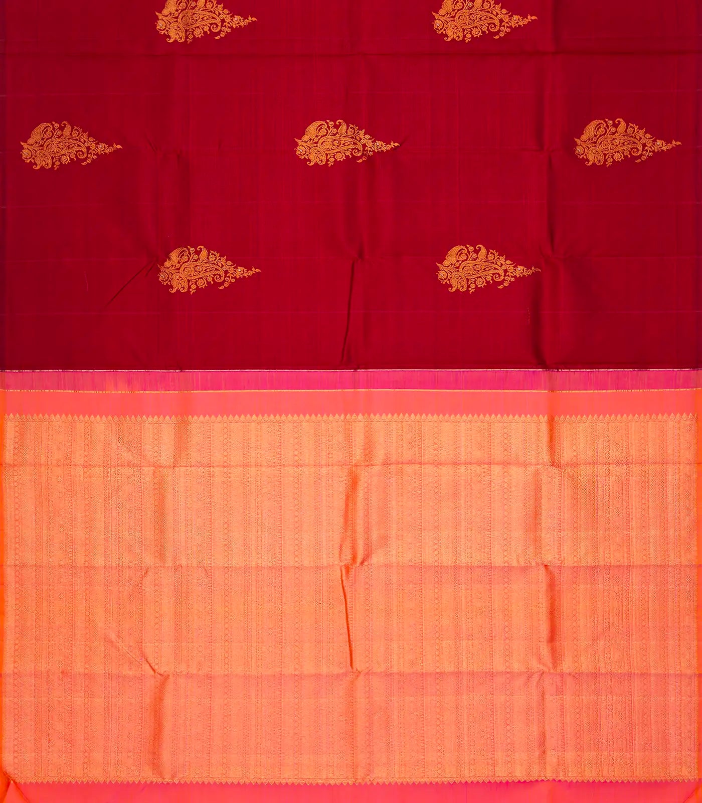 Crimson Handloom Kanchipuram Silk Saree With Mango Buttas