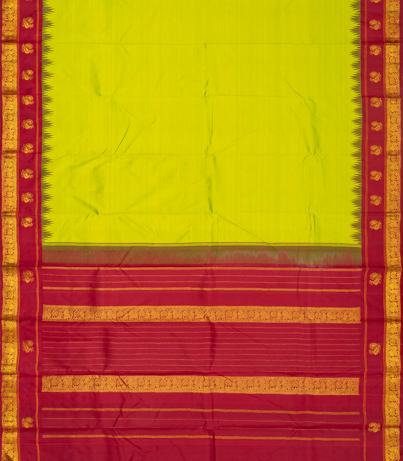 Light Green Handloom Kanchipuram Korvai Silk Saree With Crimson Border