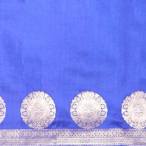 Blue floral buttas raw mango silk saree with self round buttas border & striped zari design pallu