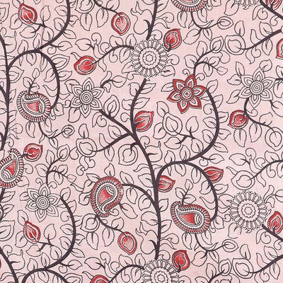 Red batik machine-printed kalamkari cotton saree, self-border & pallu of peacock motifs