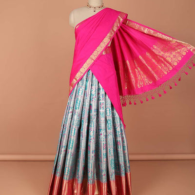 Blue geometric,floral design art-silk half saree, contrast traditional zari border,zari design blouse & intricate dhavani