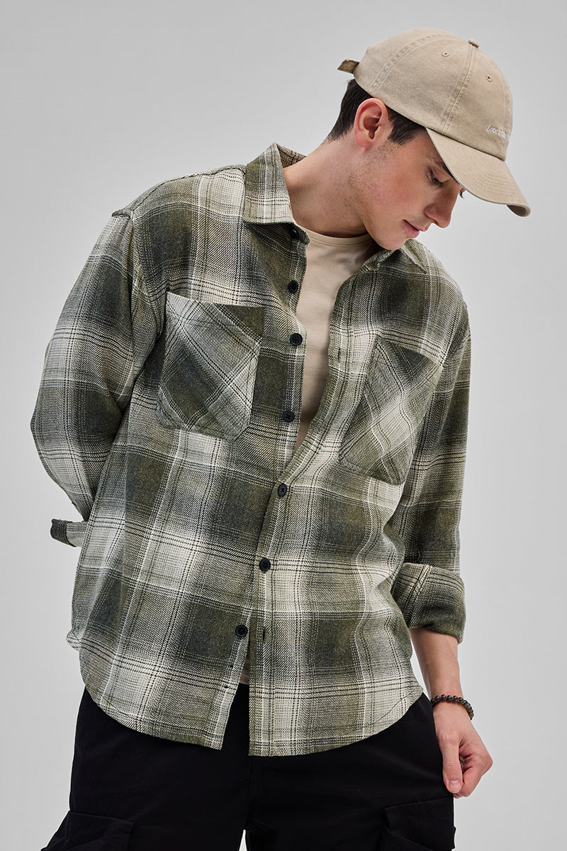 Green Double Pocket Flannel Overshirt