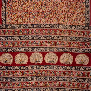 Crimson Woven Kalamkari Cotton Saree With Printed Motifs