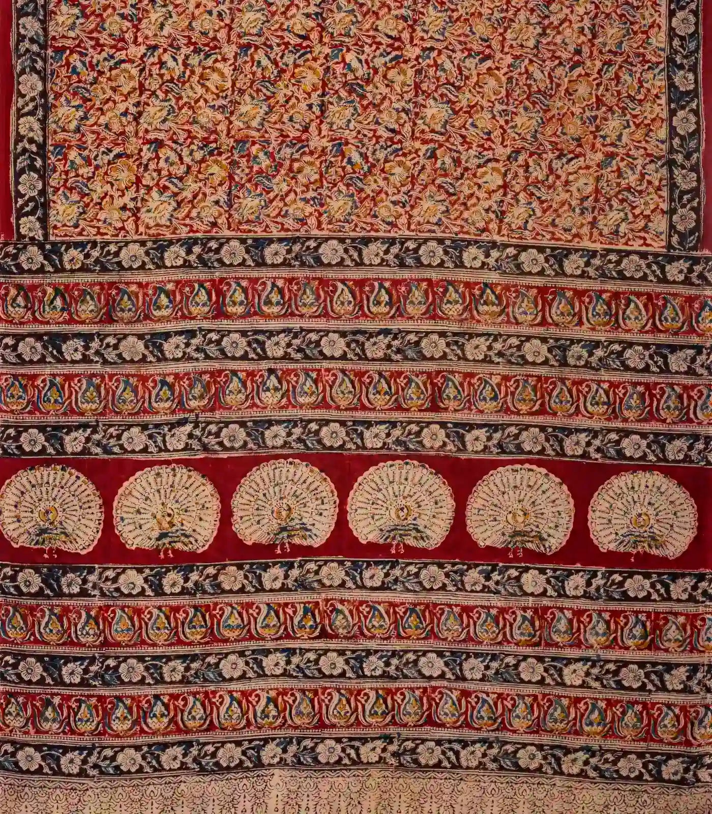 Crimson Woven Kalamkari Cotton Saree With Printed Motifs