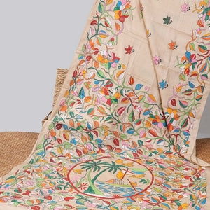 Sandal kaleidoscopic colored floral design thread Kantha embroidered tussar saree, the pallu of beach-theme embroidery
