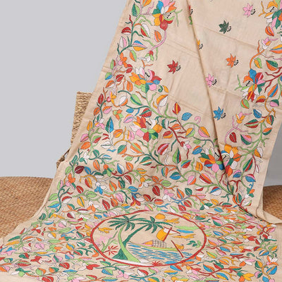 Sandal kaleidoscopic colored floral design thread Kantha embroidered tussar saree, the pallu of beach-theme embroidery