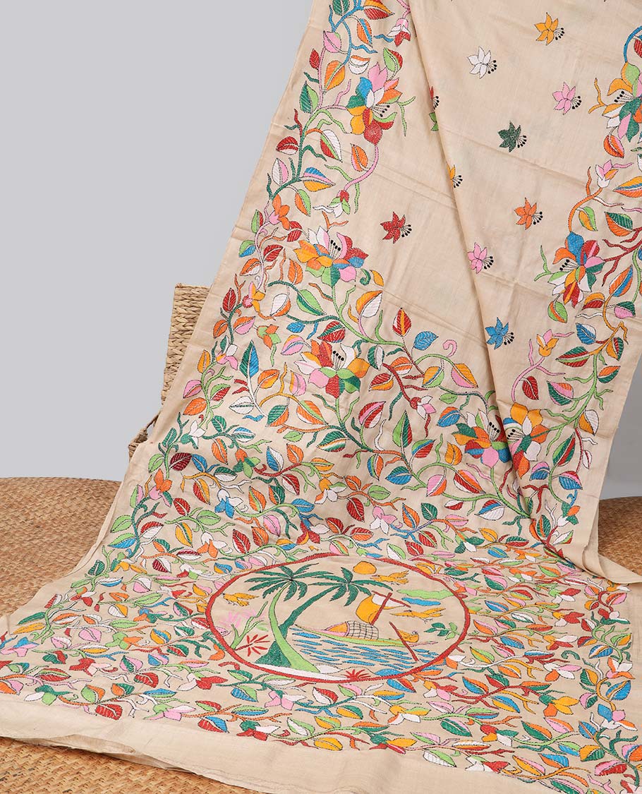 Sandal kaleidoscopic colored floral design thread Kantha embroidered tussar saree, the pallu of beach-theme embroidery