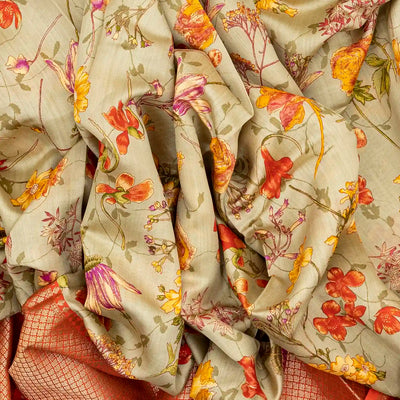 Taupe Woven Chiniya Silk Saree Digital Printed With Floral Motifs