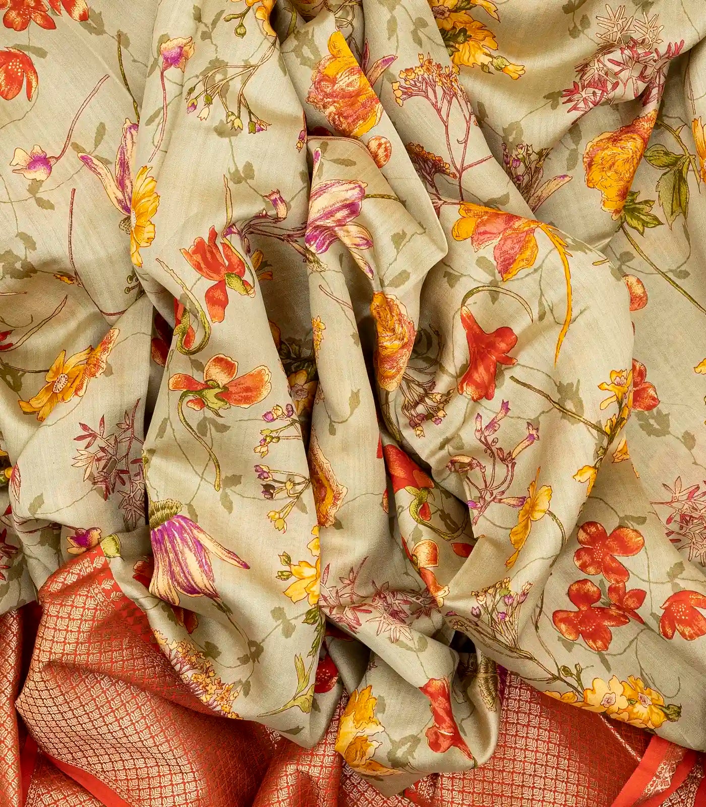 Taupe Woven Chiniya Silk Saree Digital Printed With Floral Motifs