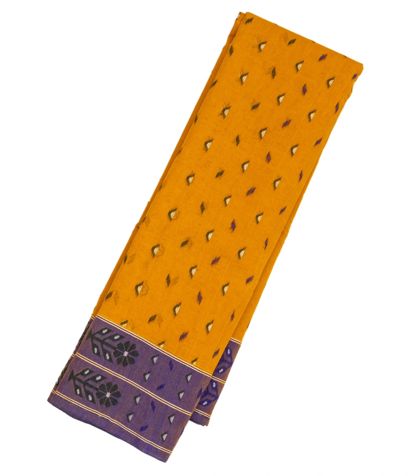 Mustard Bengal Cotton Saree With Triangle Motifs