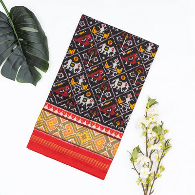 Black Handloom Ikat Silk Saree With Contrast Red Border