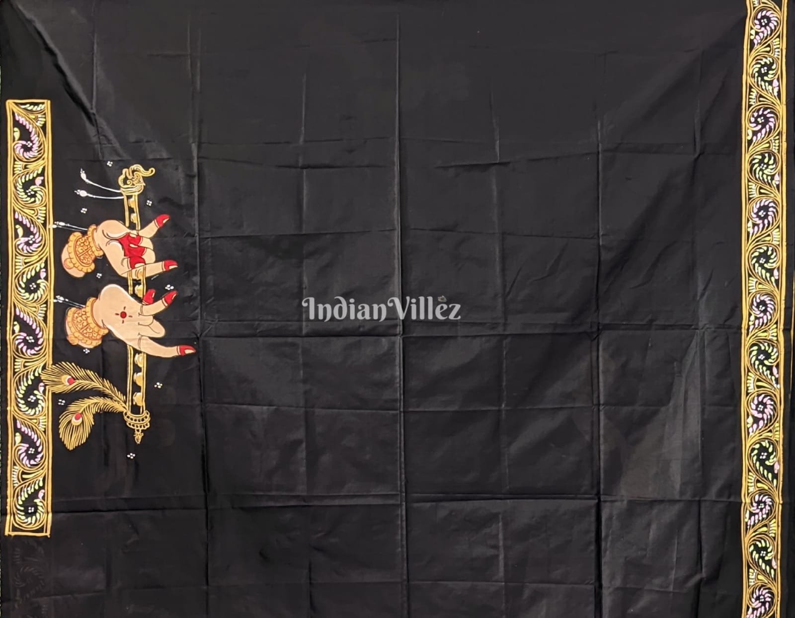 Black Nartaki Mudra Hand-Painted Pattachitra Saree