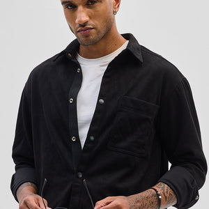 Black Suede Snap Button Overshirt