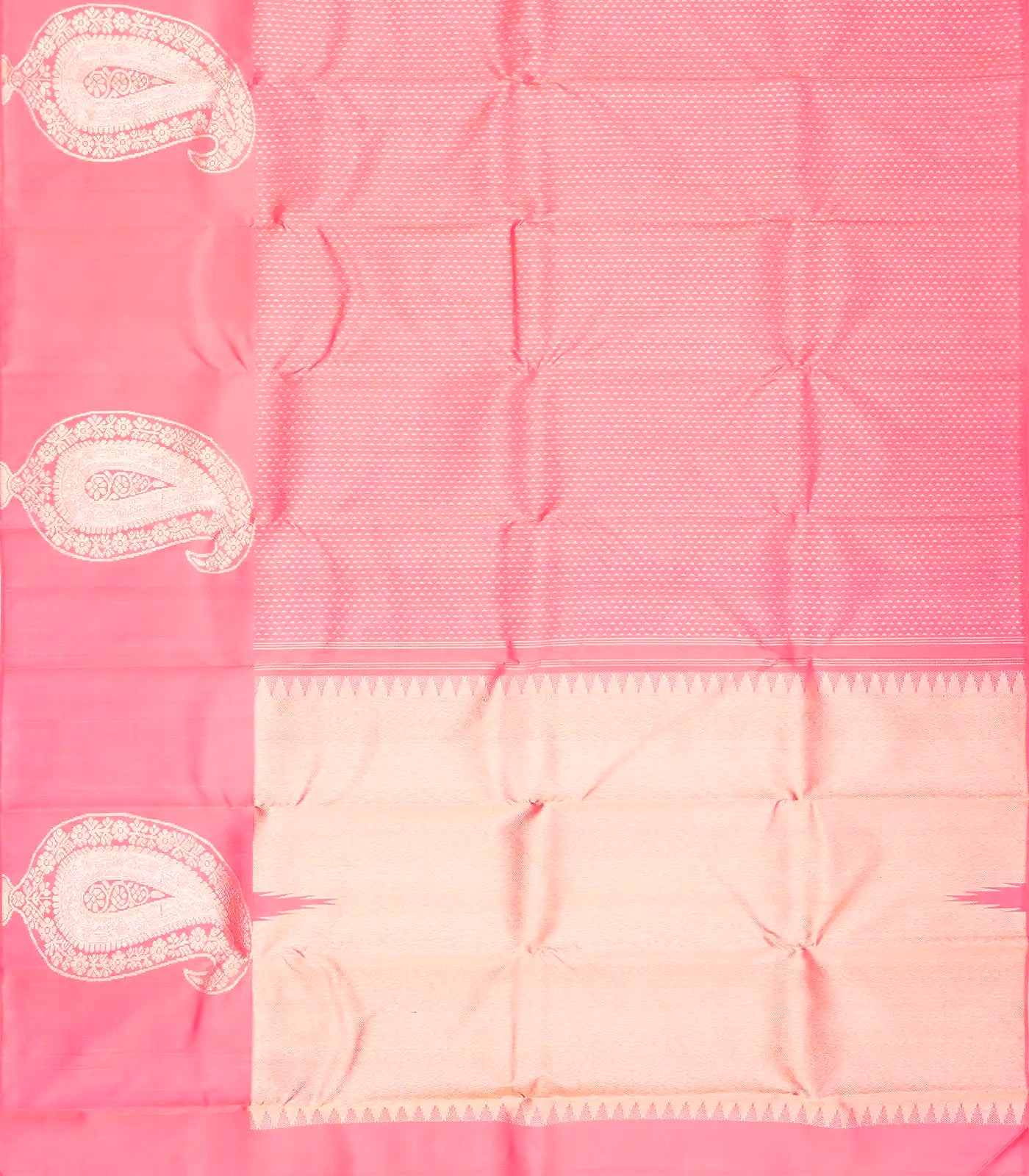 Bubblegum Pink Handloom Kanchipuram Silk Saree With Triangle Motifs