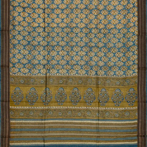 Cyan Handloom Tussar Silk Saree With Printed With Floral Motifs