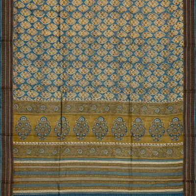 Cyan Handloom Tussar Silk Saree With Printed With Floral Motifs