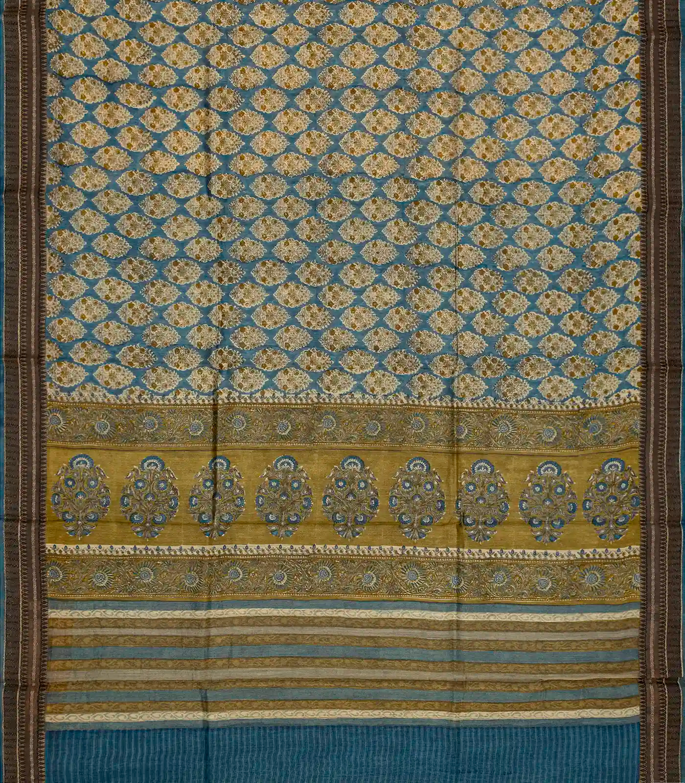 Cyan Handloom Tussar Silk Saree With Printed With Floral Motifs