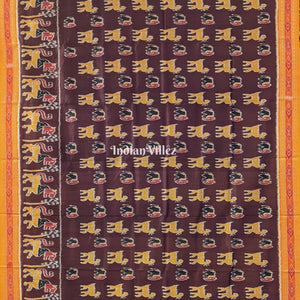 Coffee Yellow Animal Theme Odisha Ikat Khandua Silk Saree