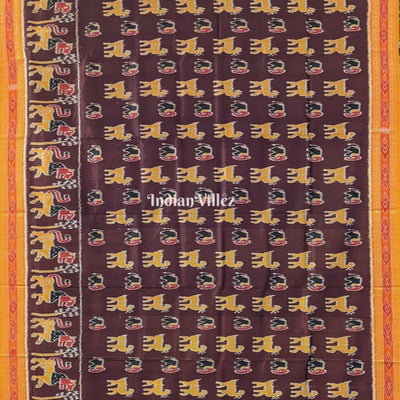 Coffee Yellow Animal Theme Odisha Ikat Khandua Silk Saree