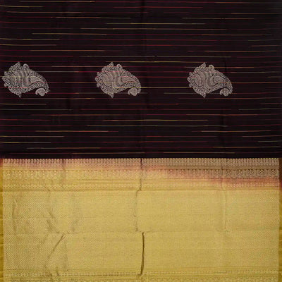 Dark Brown Handloom Soft Silk Saree With Stripes & Buttas