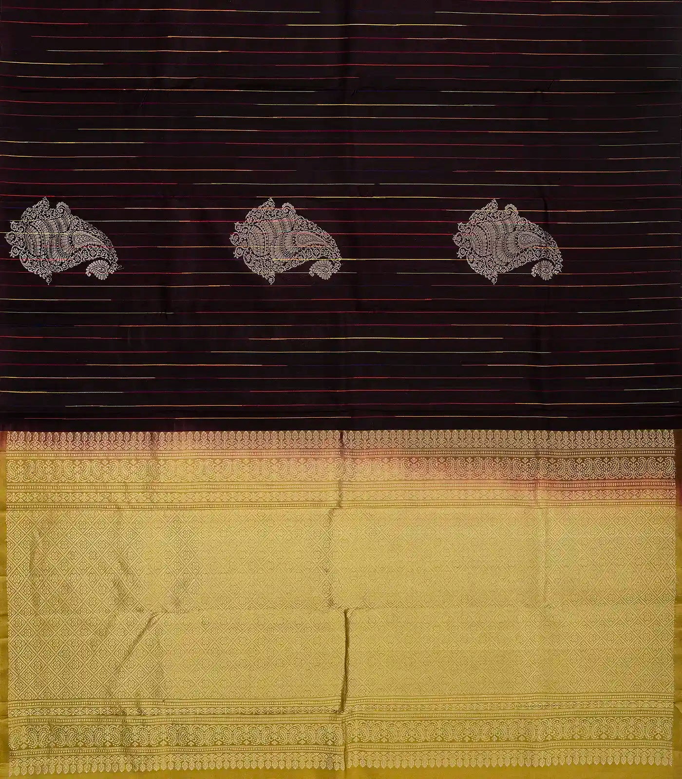 Dark Brown Handloom Soft Silk Saree With Stripes & Buttas