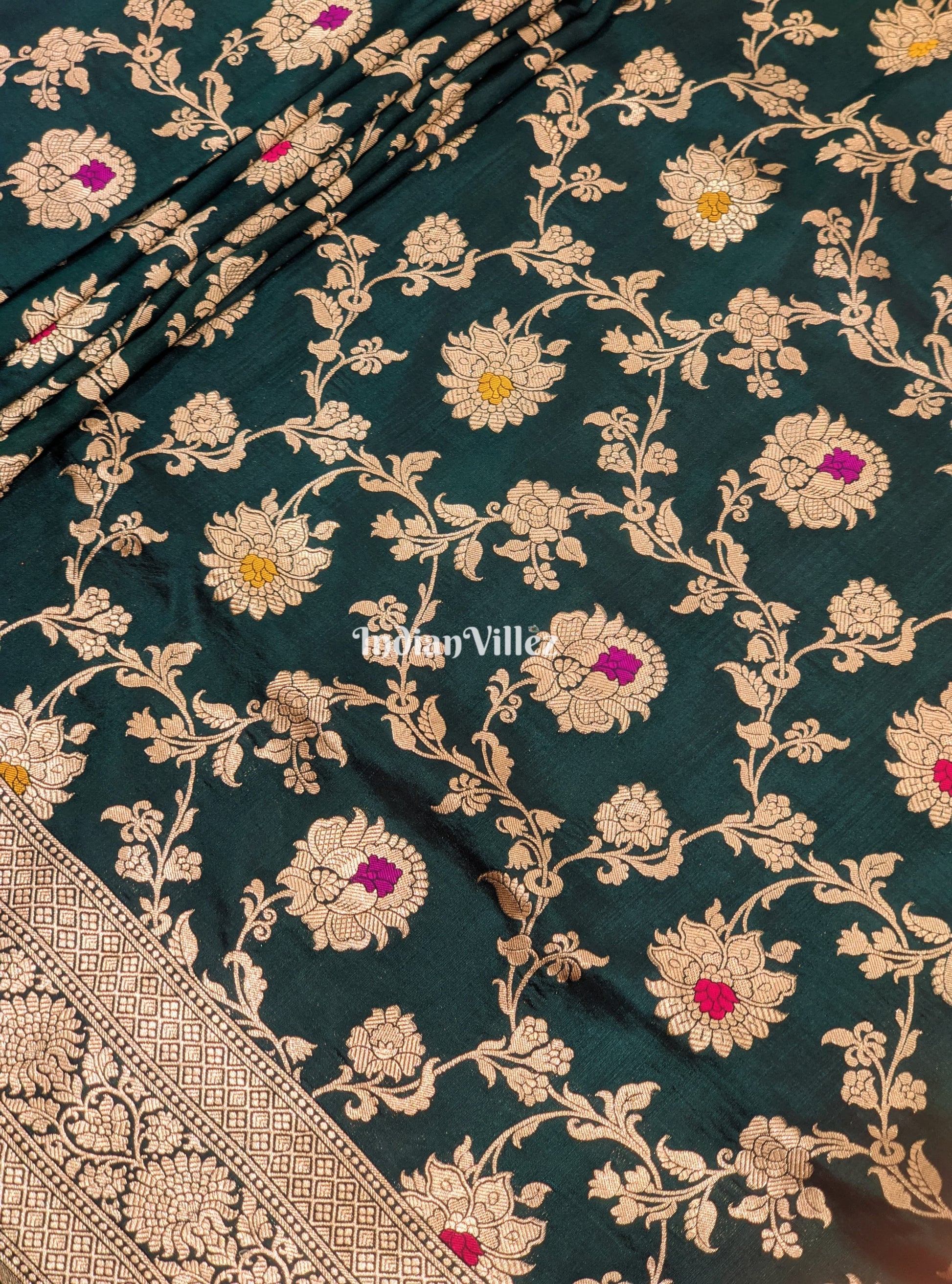 Forest Green Floral Motif Designer Meenakari Banarasi Silk Saree