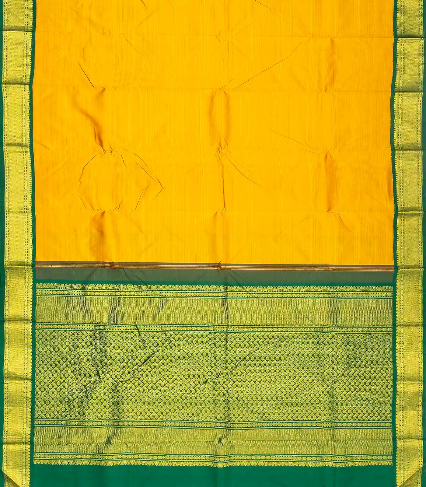 Mustard Handloom Kanchipuram Korvai Silk Saree With Green Border