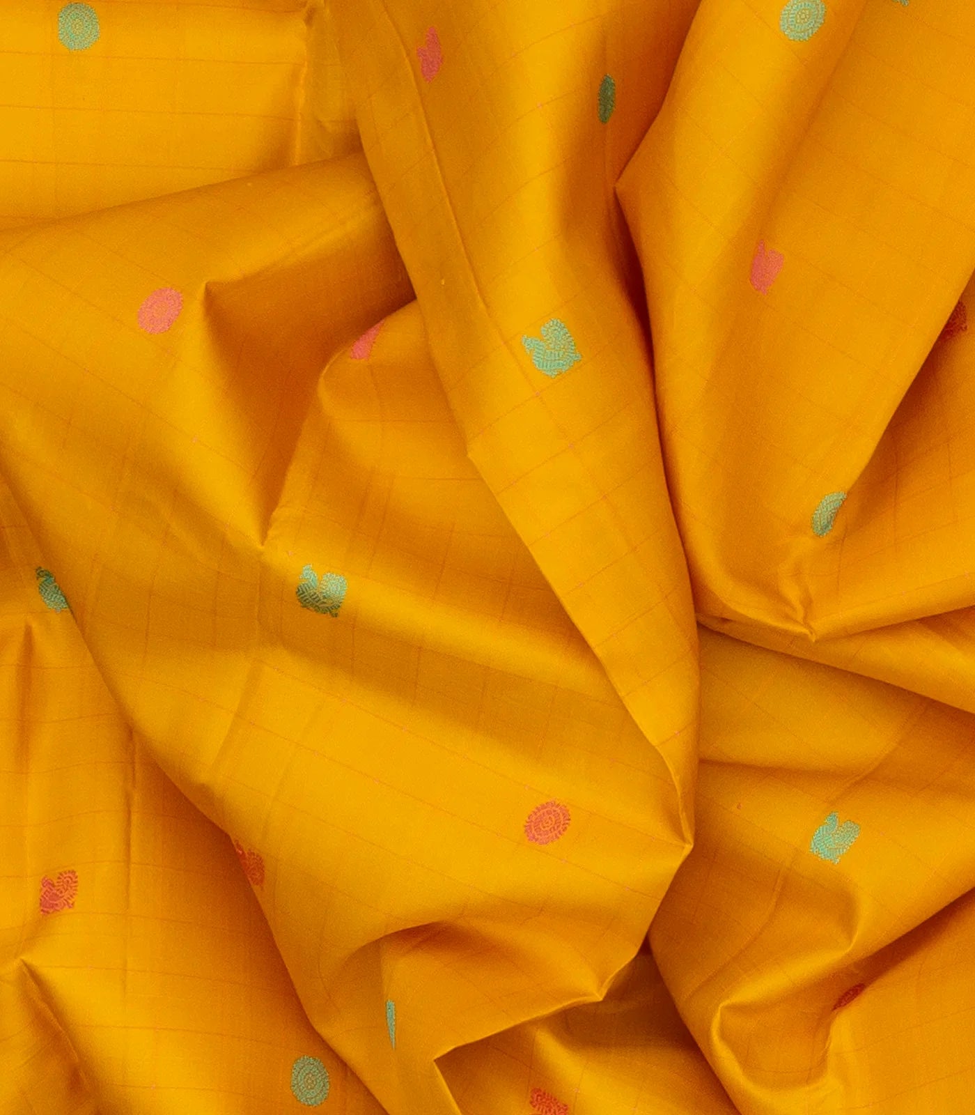 Mustard Handloom Kanchipuram Silk Saree With Checks & Buttas